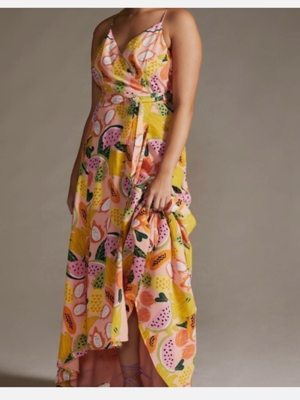 Anthropologie Pink Yellow Orange Fruit-Print High-Low Wrap Dress